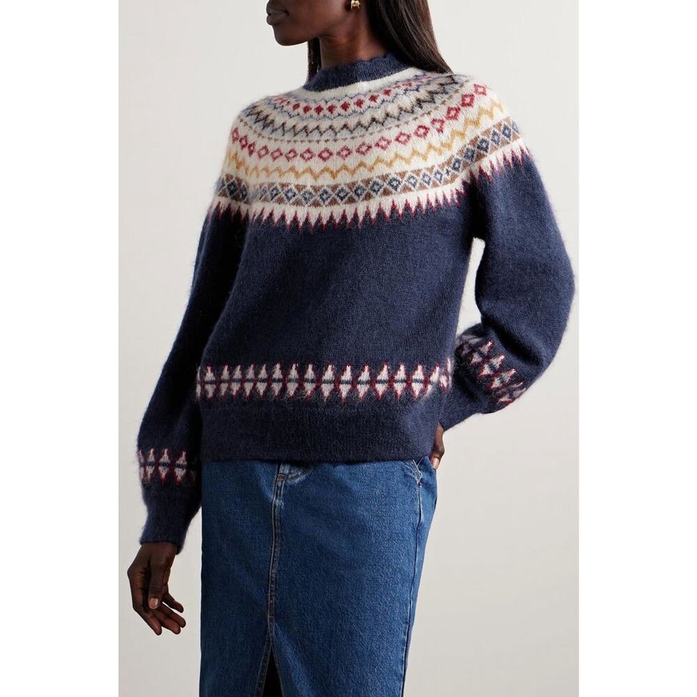 Doen Harvest Mohair Wool Cashmere Knit Print Sweater Navy Oslo Fair Isle Size S